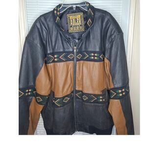 Adler Mens Leather Jacket Southwest Aztec Vintage Bomber Medium